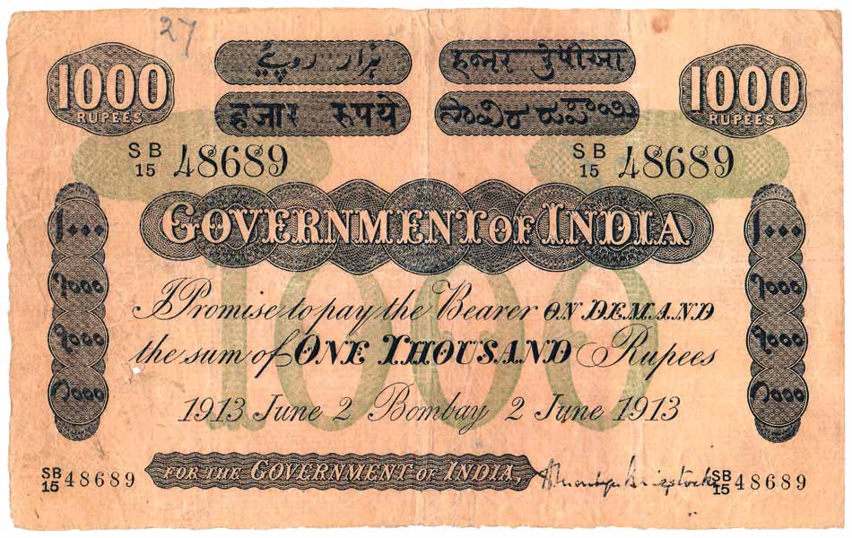 Government of India, Rupees 1000, 2nd Issue, Bombay circle, 2 June 1913, Green Underprint,