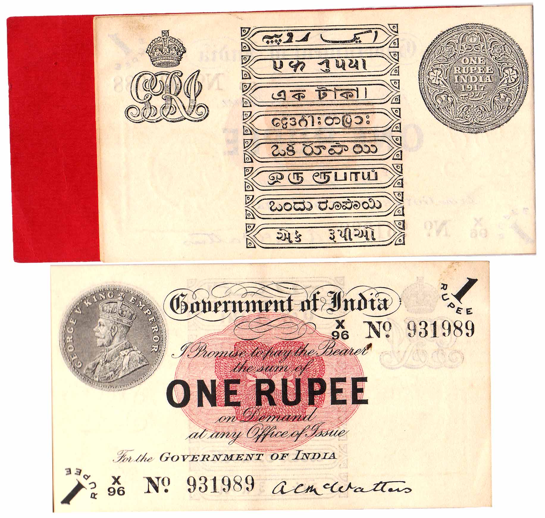 George V, Rupee 1, Big Red Booklet containing 14 notes, signed by A C McWatters, issue of 