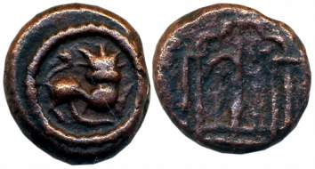 Hoysalas of Dwarasamudra, Copper, 4.35g, Obv: Lion facing right with upraised paw within a