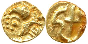 Kadambas of Goa, Gold Fanam, 0.35g, Obv: Lion to left facing front, Rev: Trident (Not list