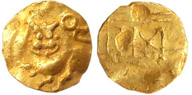 Yadavas of Devagiri, Ramachandra Deva, Gold Hana or Fanam, 1.80g. Obv: Lion standing with 