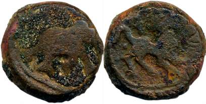 Vijaynagar Empire, Sangam age, Copper, 9.54g, Obv: Elephant to right, Rev: Lion to right. 