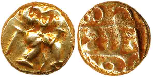 Vijaynagar Empire, Sri Vira Bukkaraya, Gold Varaha, 3.36g, Obv: Hanuman to right with knee
