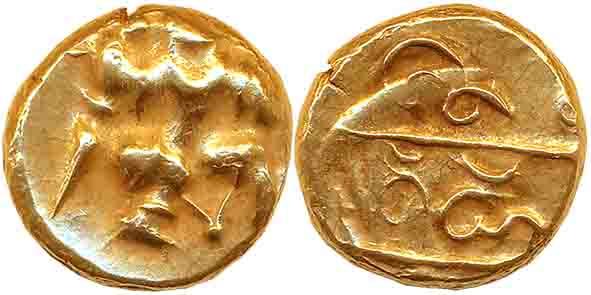Vijaynagar Empire, Harihara I, Gold Varaha, 3.37g, Obv: Hanuman to right with knees slight