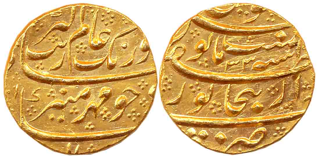 Aurangzeb, Gold Mohur, 10.99g, Dar ul Zafar Bijapur Mint, AH (11)01/ RY 33 (KM# 315.15). E