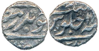 Aurangzeb, Silver 1/16 Rupee, 0.64g, Golkonda Mint (discerned by very small portion of min