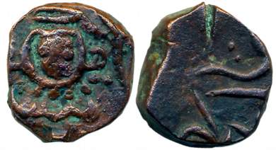 Anonymous Copper, 7.29g, Obv: Human face with Persian legend, Rev: Mint name in crude Pers