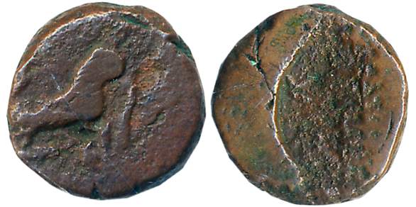 Agroha Janapada, Copper, 2.06g, Obverse: Lion seated right, Rev: Tree-in-railing with trac