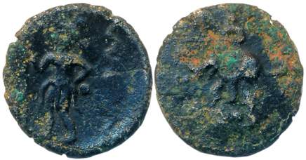 Mitra rulers of Ancient Punjab, Bhanumitra, Copper, 4.21g, Obv: Standing male figure (Maha