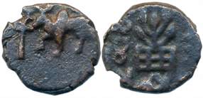 Kausambi, Agnimitra, Copper, 1.22g, Obv: Humped bull advancing left, indradhvaja to left, 