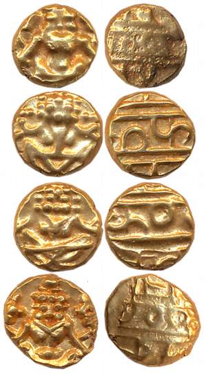 Gold Fanam (4), 0.39g, 0.37g, 0.38g, 0.37g, Obv: Narsimha, Rev: Legend (KM# C# 212). Very 