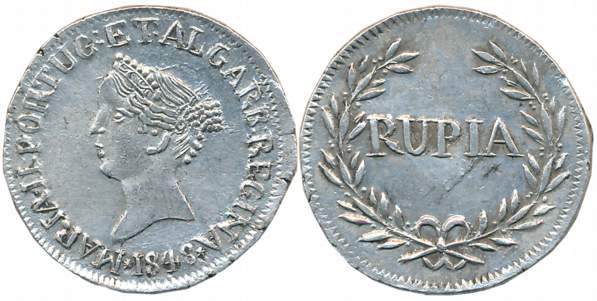 Goa, D. Maria II, Silver Rupee, 10.96g, 1848, Obv: Head to left, legend around Rev: Value 