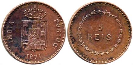 Luiz I, Copper 5 Reis, 1871, Obv: Crowned arms, Rev: Value within wreath (KM# 302). Very f