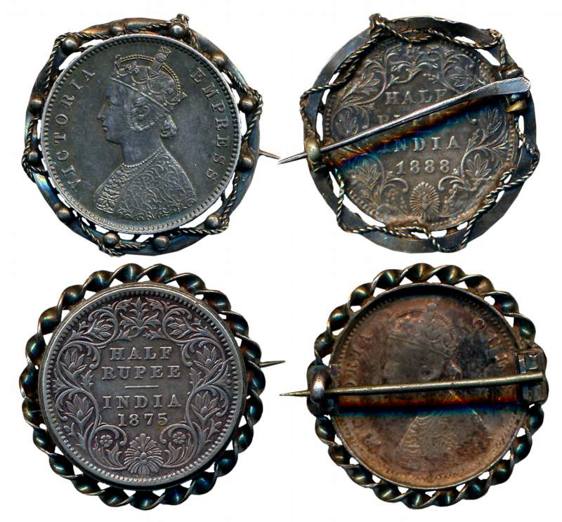 Victoria Empress, Silver 1/2 Rupees (2), 1875 & 1888, fitted in broach. Very fine. 2 coins