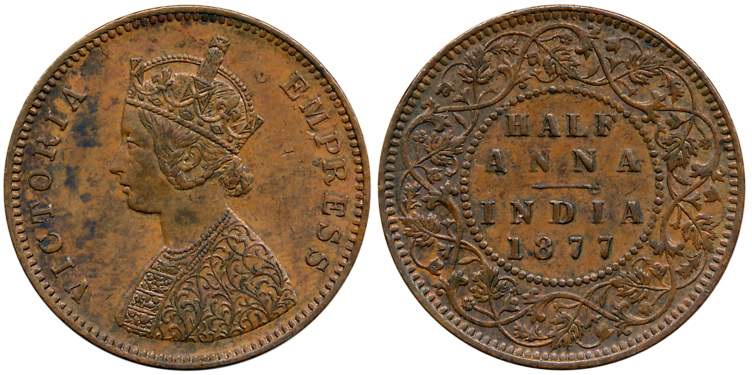 Victoria Empress, Copper 1/2 Anna, 1877. Minor vedigere otherwise extremely fine+.