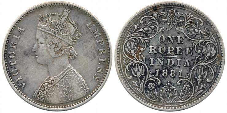 Victoria Empress, Silver Rupee, 1881, Mint, incused (Prid#). About very fine, scarce.