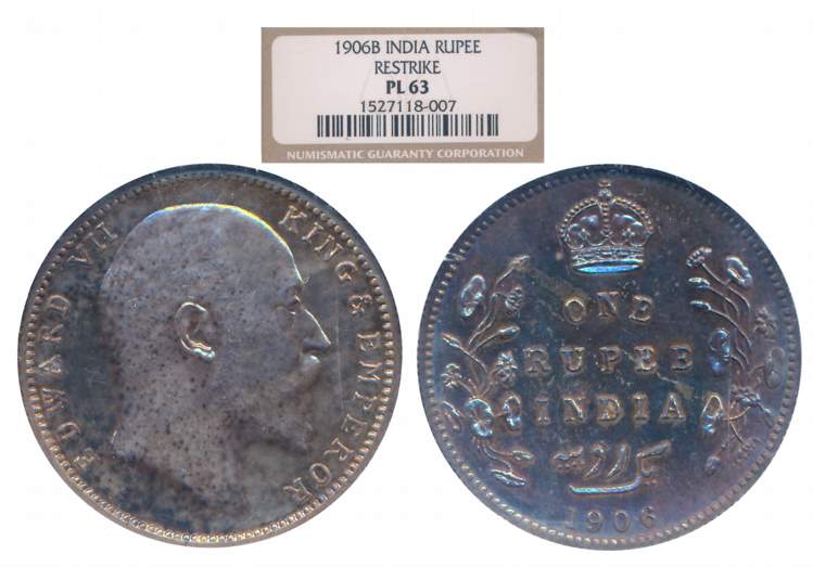 Edward VII, Silver Restrike Proof Rupee, 1906, Bombay Mint. Slab and Graded by NGC as PL 6