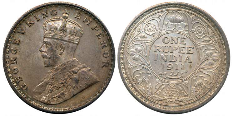 George V, Silver Rupee, 1911, Calcutta Mint, Pig type (Prid# 207). Extremely fine.
