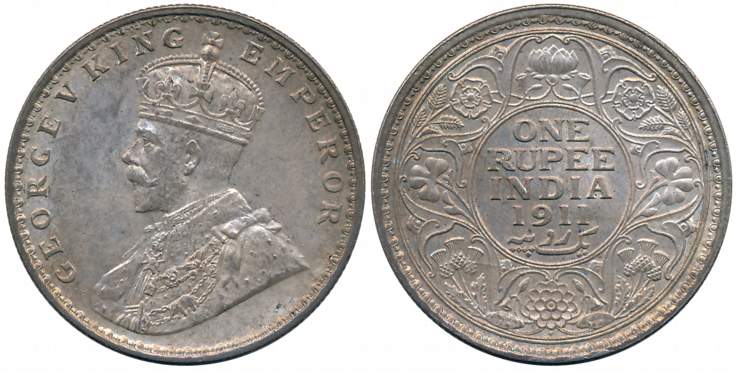 George V, Silver Rupee, 1911, Calcutta Mint, Pig type (Prid# 207). Extremely fine.