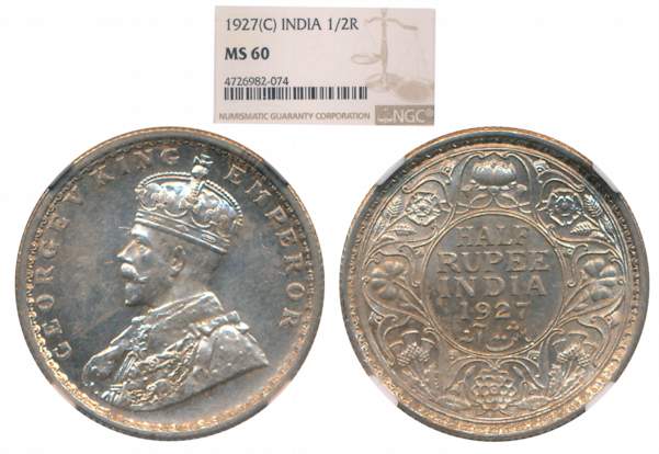 George V, Silver 1/2 Rupee, 1927, Calcutta Mint. Slab & Graded by NGS as MS 60.