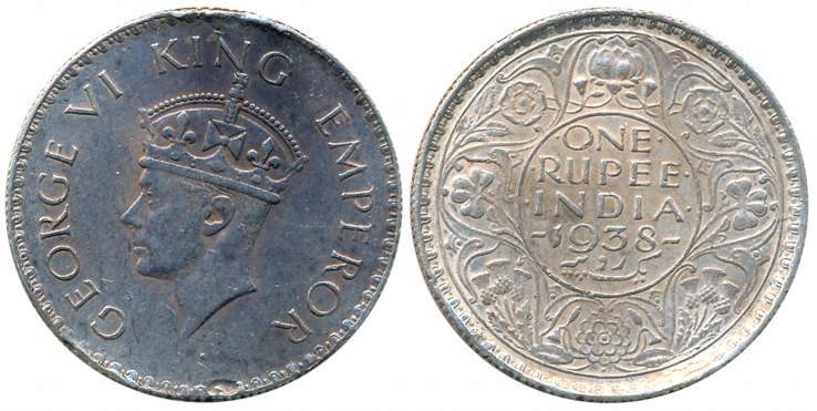 George VI, Silver Rupee, 1938, Bombay Mint, without Mint mark (Prid# 233). Fine.