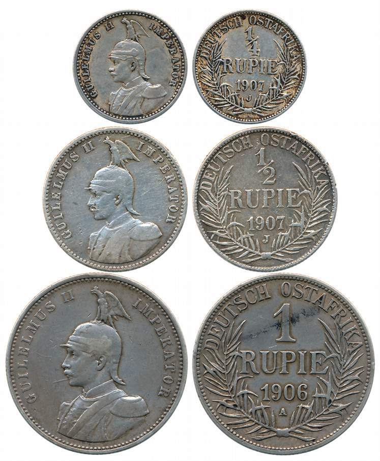German East Africa, Wihelm II, Silver (3) Rupee, 1906A (KM# 10), 1/2 Rupee, 1907J (KM# 9),