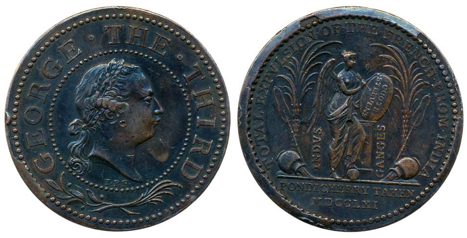 George III, Copper Medal, 29.27g, India Pondicherry Taken, 1761, Obv: laureate head to rig