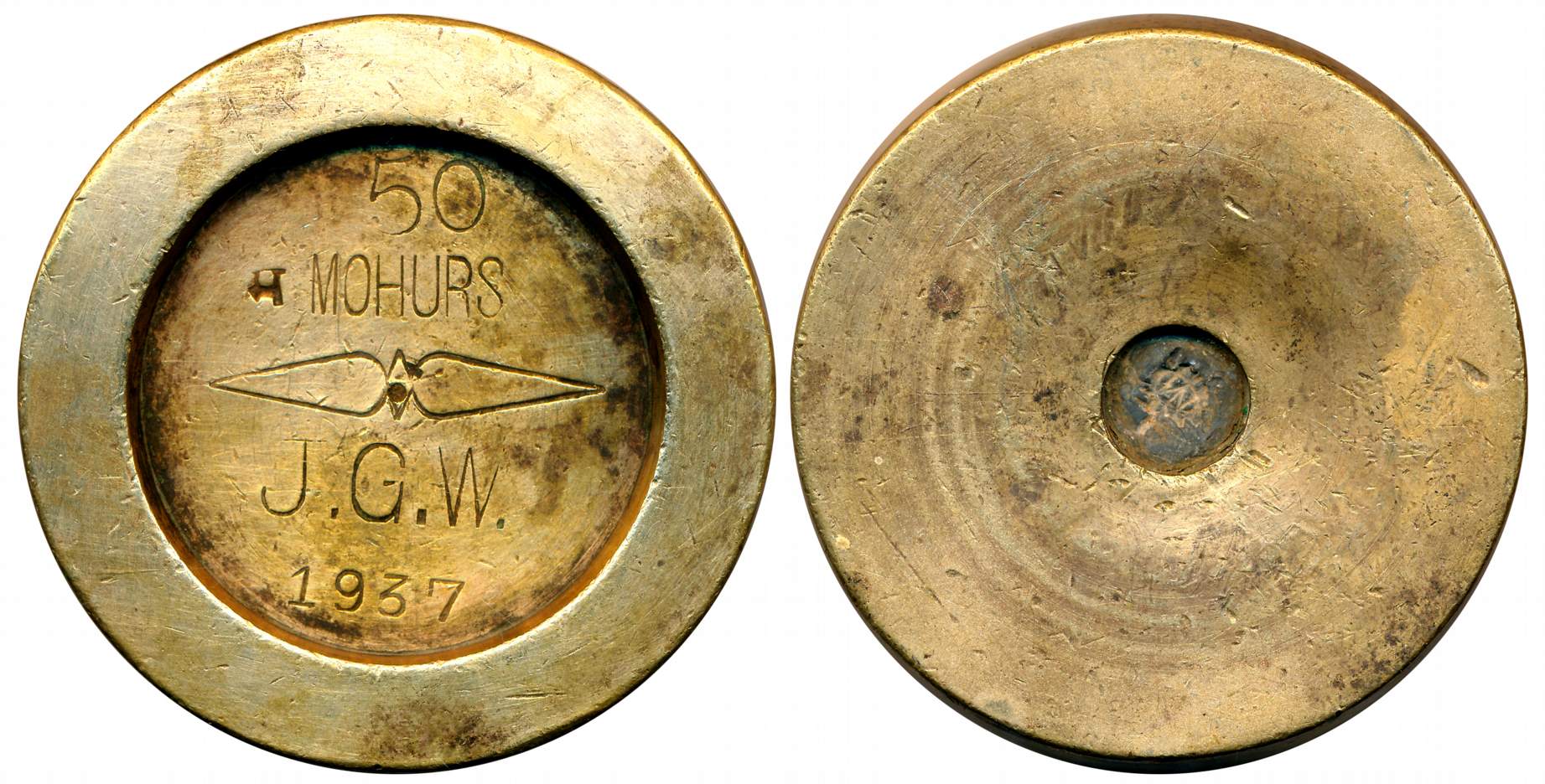 Brass Weight of 50 Mohurs, 1937, “J.G.W.”, probably used in Marwar- Jodhpur to weight 50 M