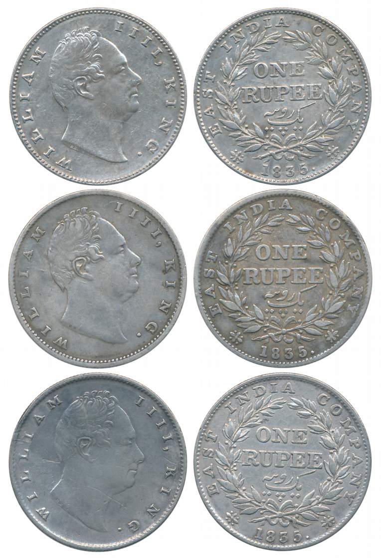 William IIII, Silver Rupees (3), 1835, Calcutta Mint, RS incused, bud leaves, (B/II), (C/I