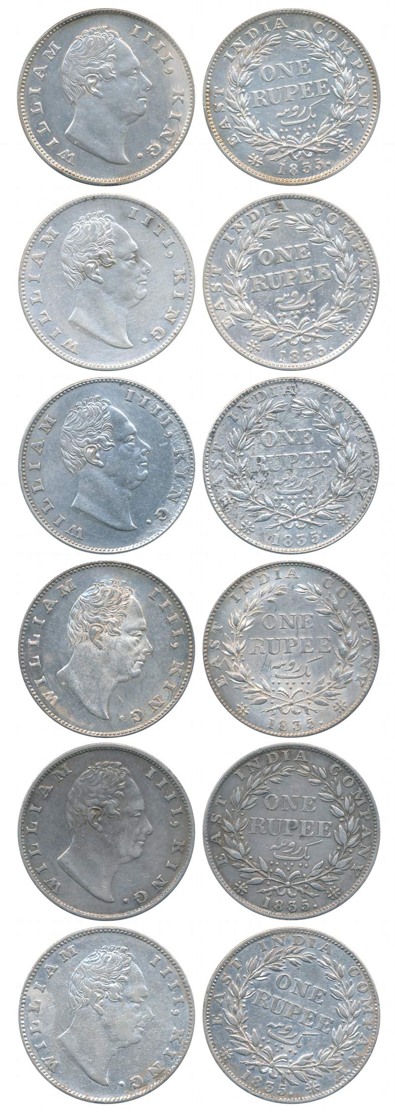 William IIII, Silver Rupees (6), 1835, Calcutta Mint, F incised, 19 berries, (A/I) 2 leave