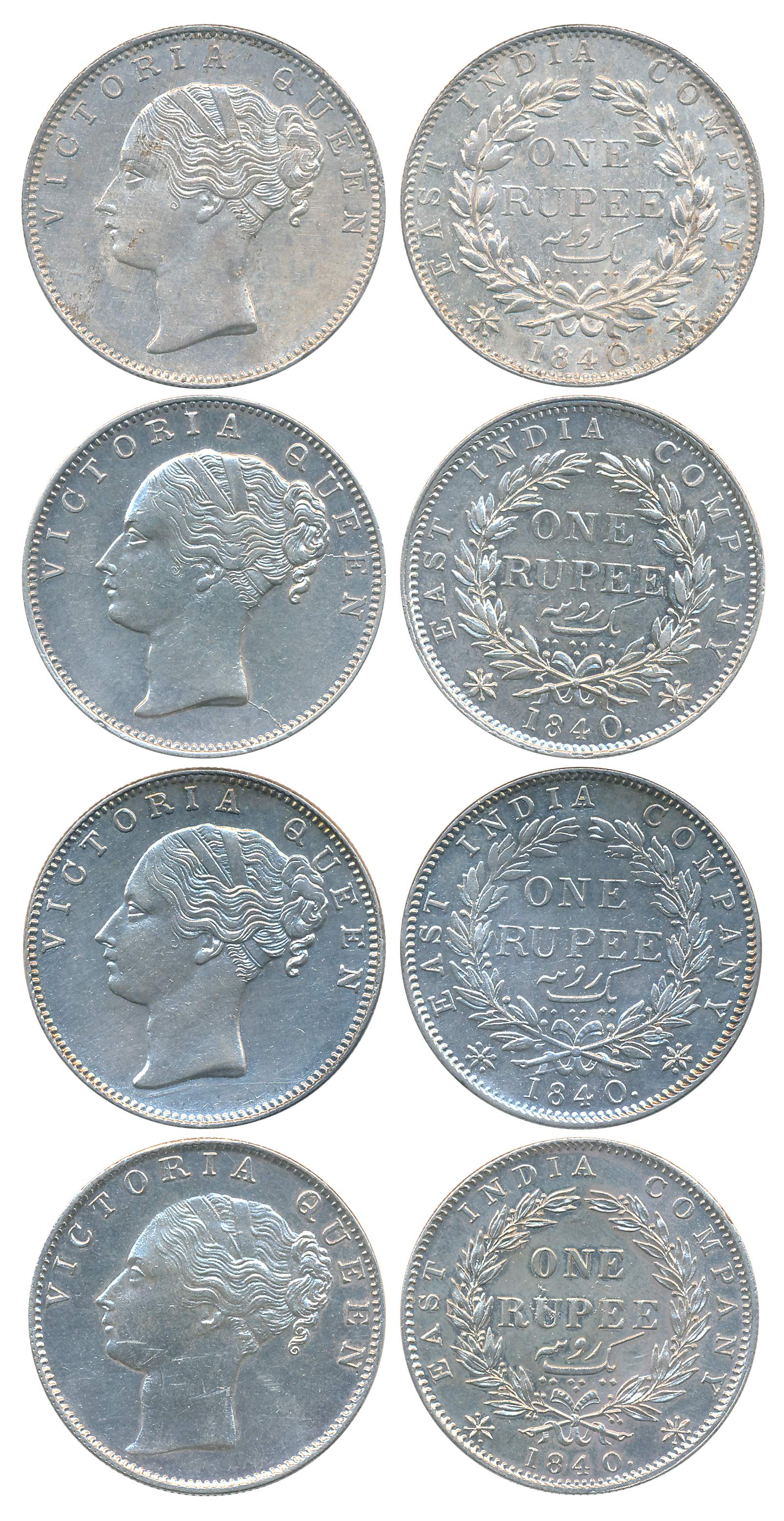 Victoria Queen, Silver Rupees (4), 1840, Continuous legend, English Head, no initial, Bomb