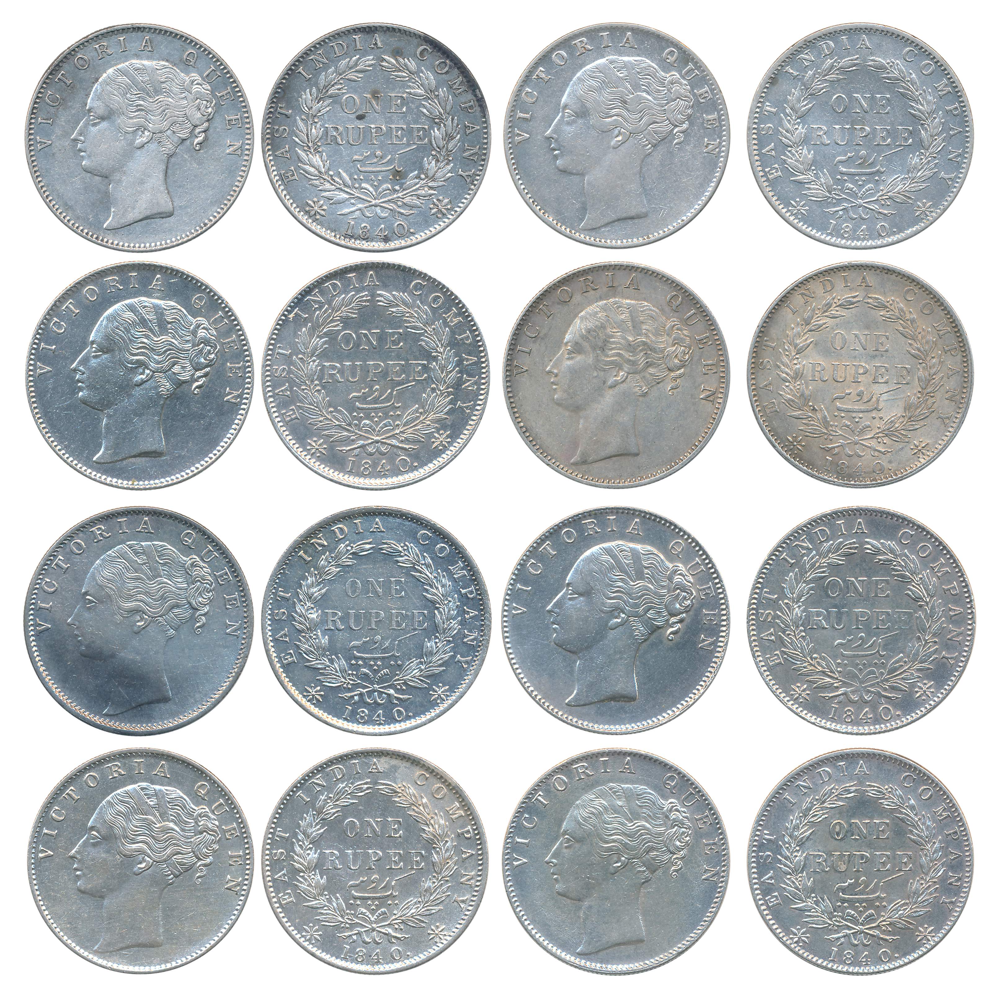 Victoria Queen, Silver Rupees (8), 1840, Continuous legend, no initial, Calcutta Mint, Eng