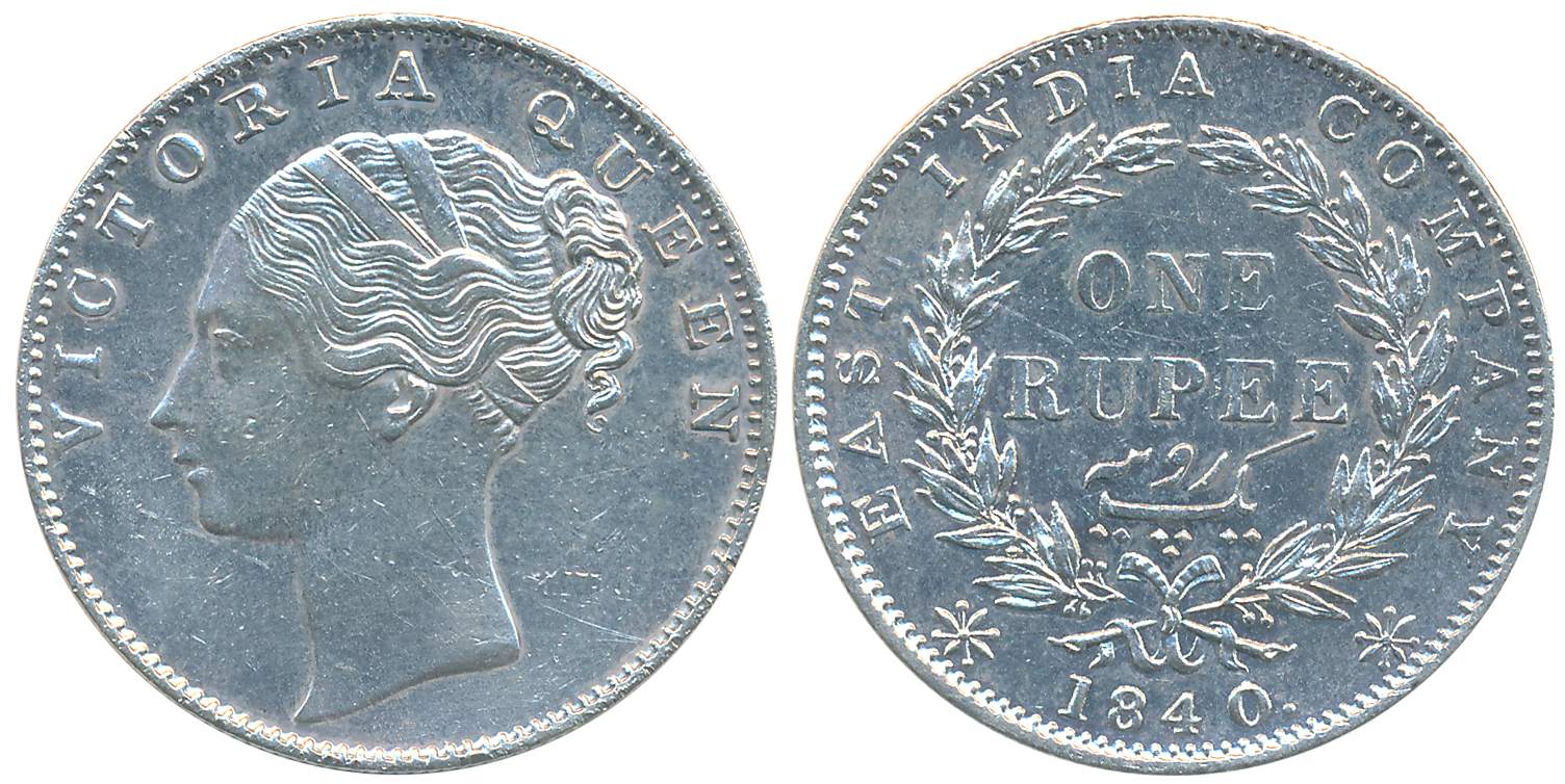 Victoria Queen, Silver Rupee, 1840, Continuous legend, Calcutta Mint, Indian Head, no init