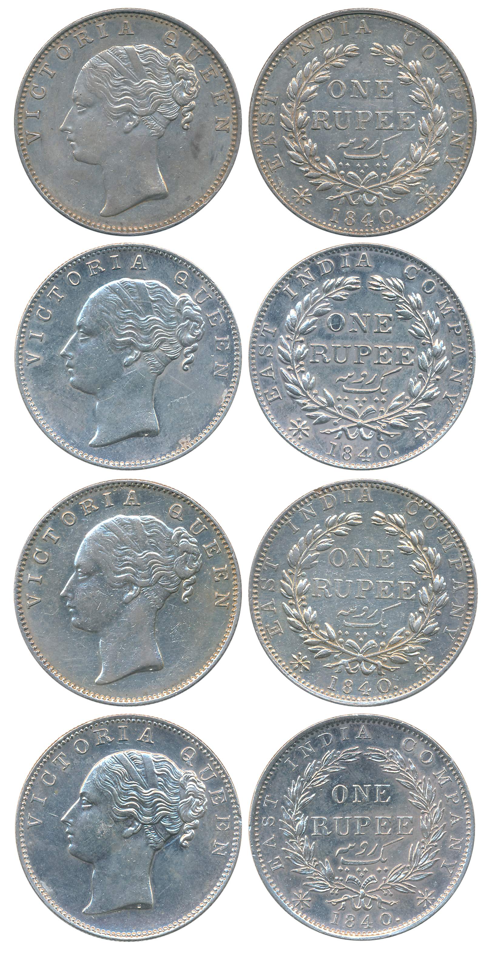 Victoria Queen, Silver Rupees (4), 1840, Continuous legend, English Head, Madras Mint, no 
