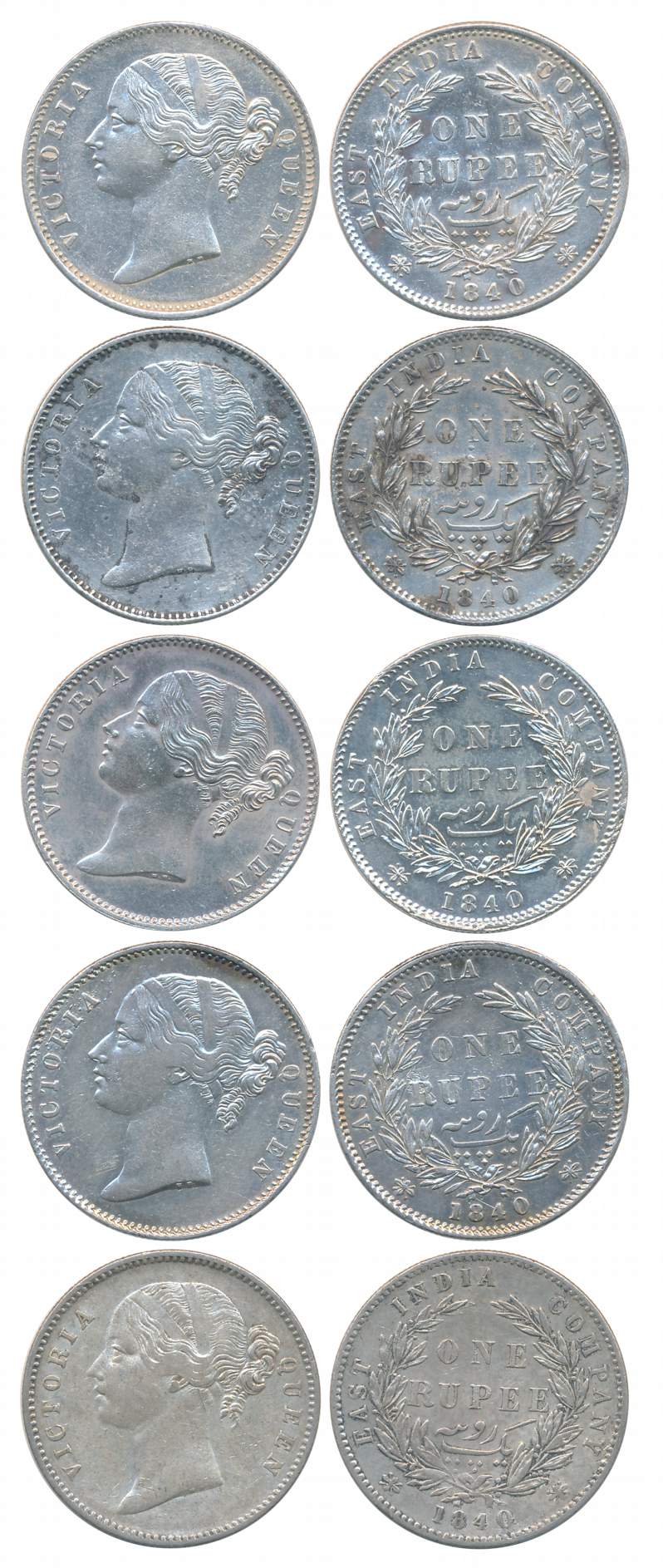 Victoria Queen, Silver Rupees (5), 1840, Divided legend, W W raised, 28 berries, Bombay & 