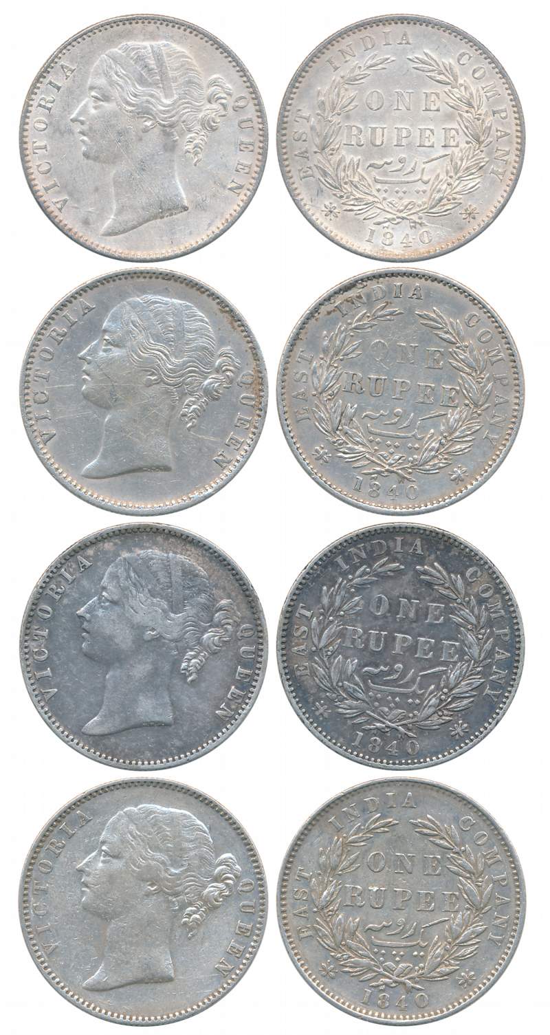 Victoria Queen, Silver Rupee (4), 1840, Divided legend, 28 berries, Madras Mint, W.W.B rai