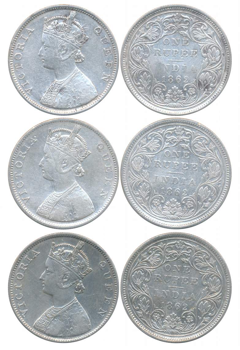 Victoria Queen, Silver Rupees (3), 1862, 1/0 dot, All different types, B/II, Bombay Mint (