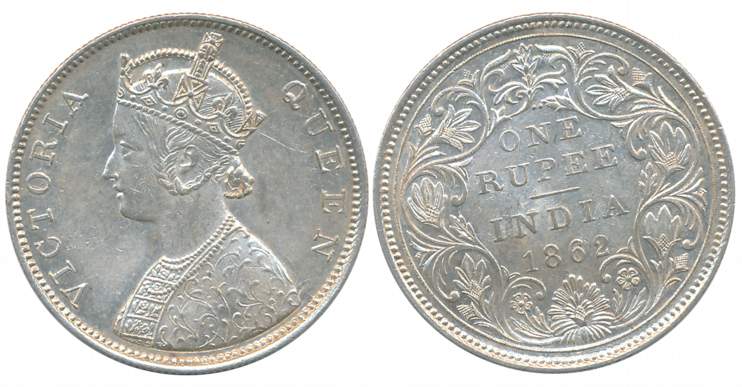Victoria Queen, Silver Rupee, 1862, 2/0 dots, B/II, Bombay Mint (Prid# 71). Extremely fine