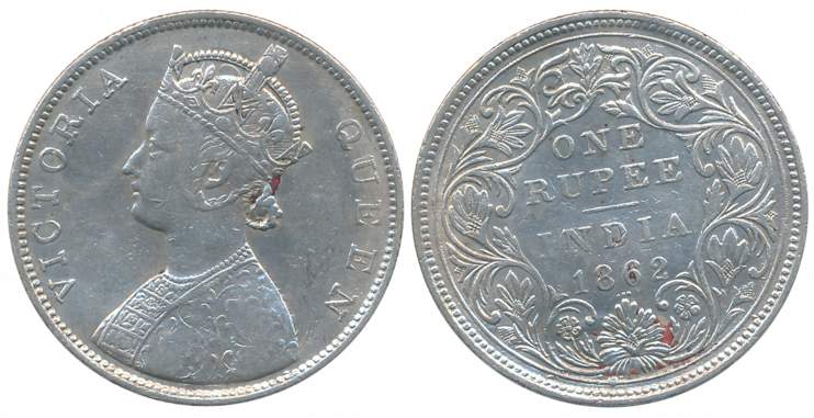 Victoria Queen, Silver Rupee, 1862, 0/3 dot, B/II, Bombay Mint (Prid# 77). About very fine