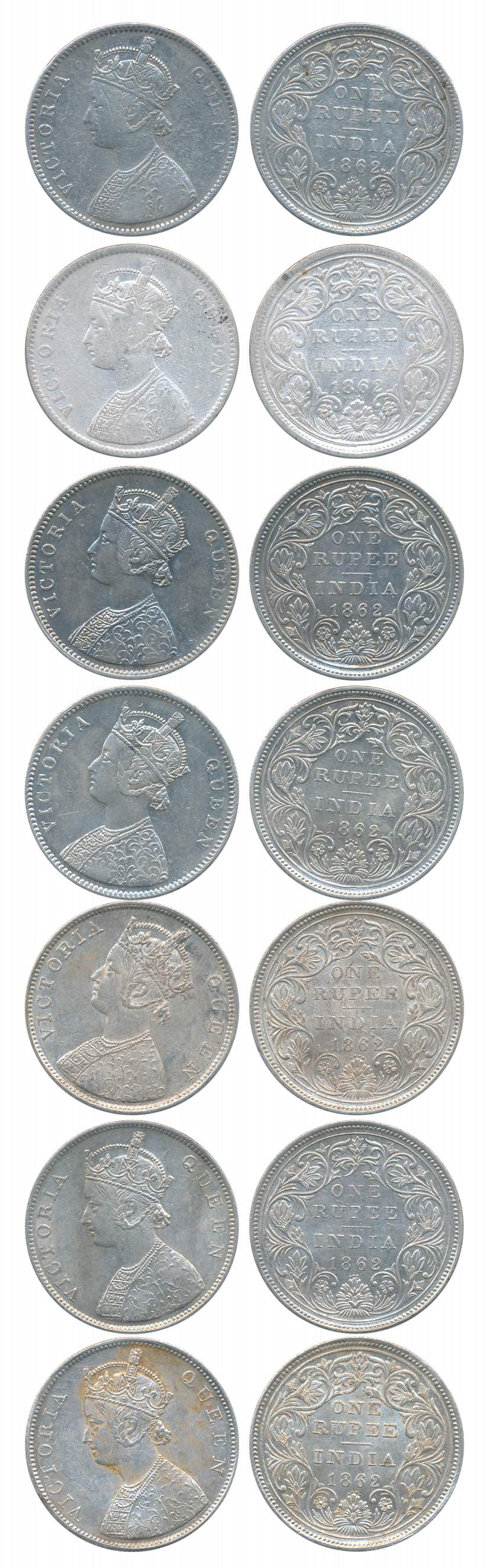 Victoria Queen, Silver Rupees (7), 1862, 0/4 dot, All different types, A/II (4), & B/II (3