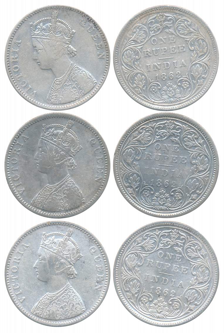 Victoria Queen, Silver Rupees (3), 1862, 0/7 dots, All different types, A/II, Bombay Mint 