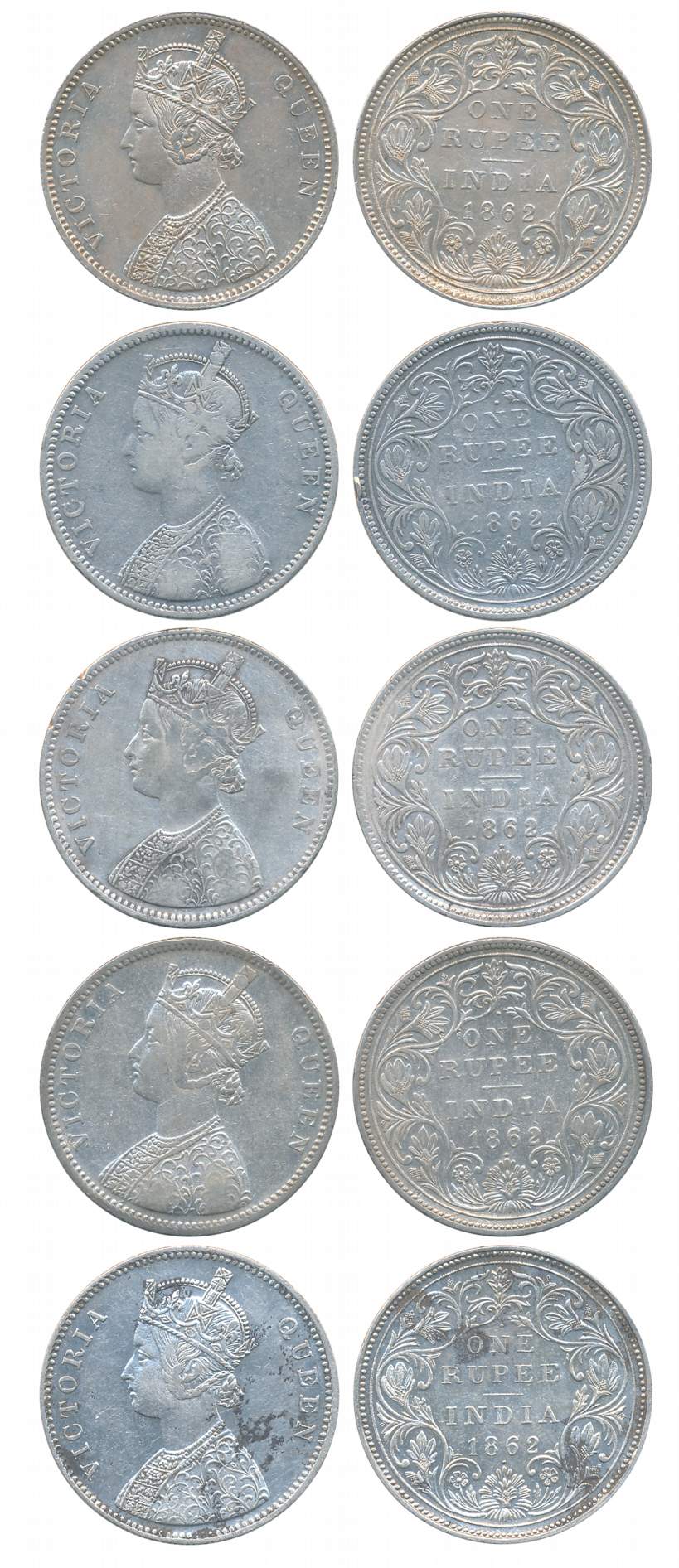 Victoria Queen, Silver Rupees (5), 1862, 1/1 dot, All different varieties, A/II, Bombay Mi