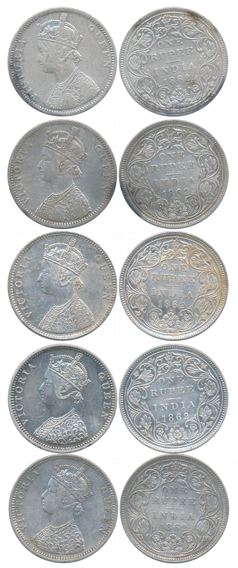 Victoria Queen, Silver Rupees (5), 1/2 dots, 1862, All different varieties, A/II (3) & C/I