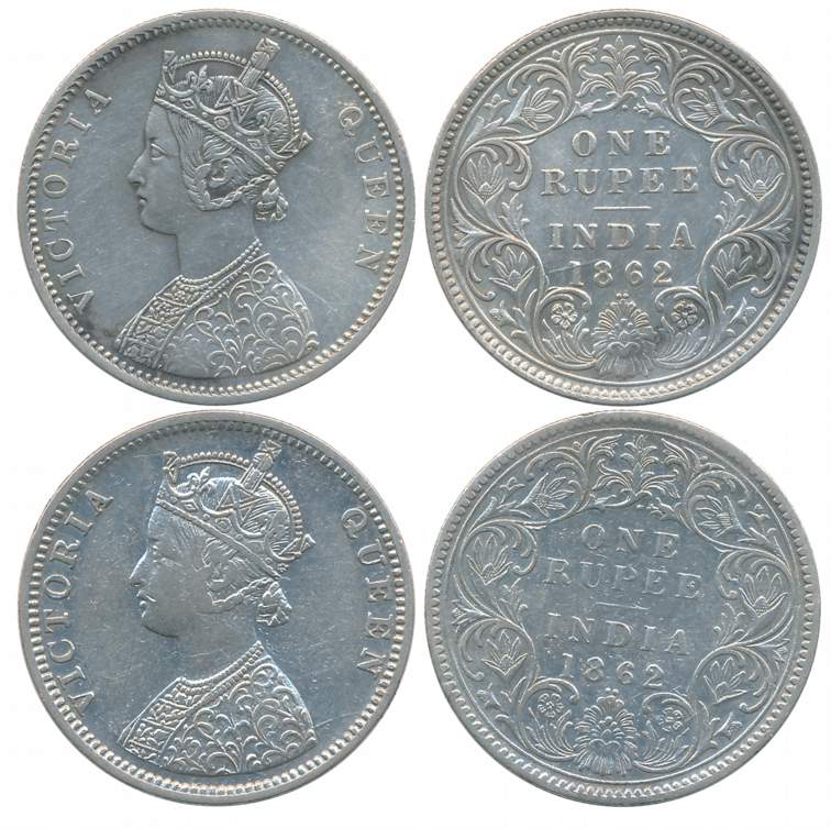 Victoria Queen, Silver Rupees (2), 1862, 1/2 dots, Bombay Mint, A/I with crescent (Prid# 1