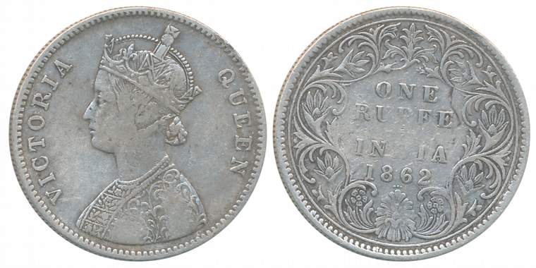 Victoria Queen, Silver Rupee, 1862, 0/3 dots, Bombay Mint, A/I (Prid# 74A). Fine+.