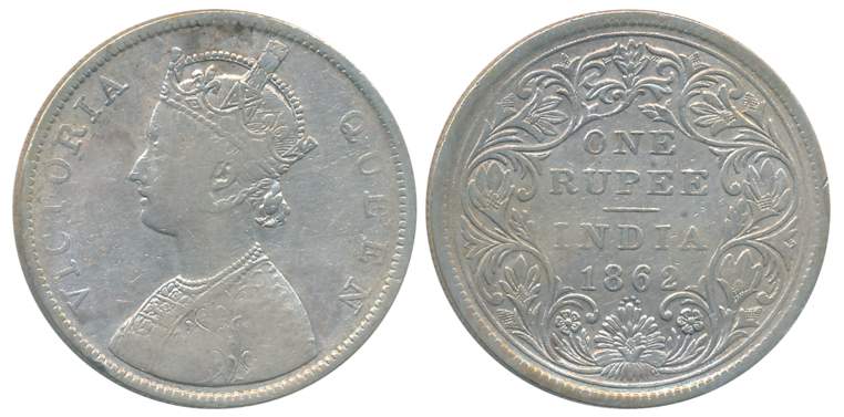Victoria Queen, Silver Rupee, 1862, 0/5 dots, Bombay Mint, B/II (Unlisted in Prid). Fine+.