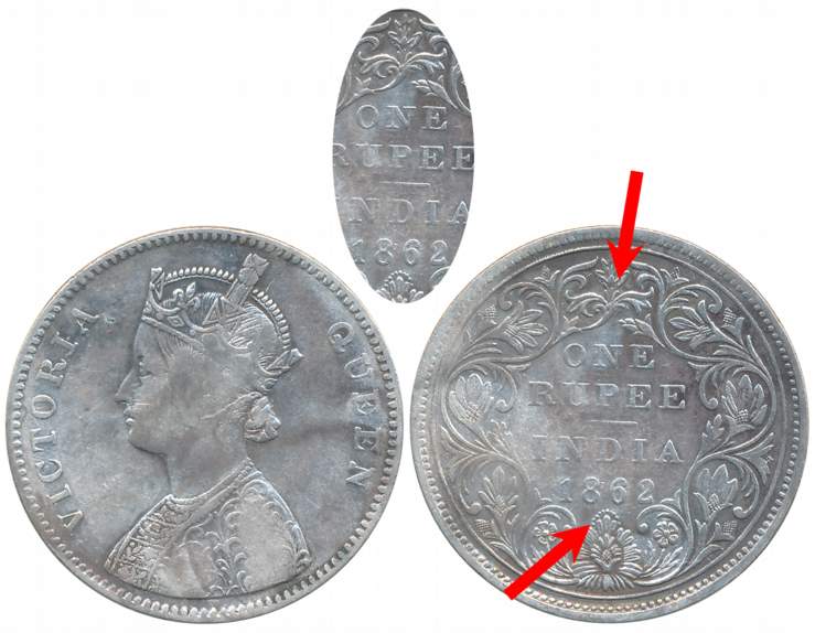 Victoria Queen, Silver Rupee, 1862, 1/10 dots, Bombay Mint, A/II, top dot in top flower (P