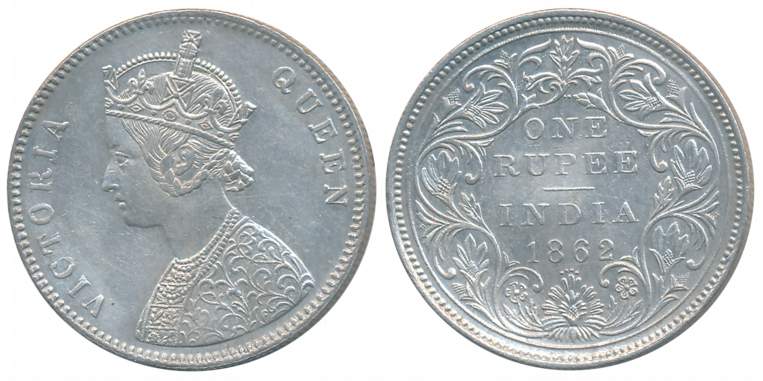 Victoria Queen, Silver Rupee, 1862, 2/4 dots, Bombay Mint, A/II (Prid# 84). Very fine to a