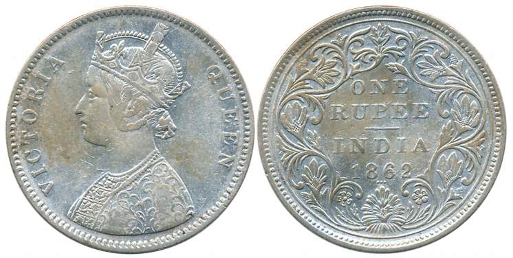 Victoria Queen, Silver Rupee, 1862, A/II-0/3. Very fine +, Very rare.