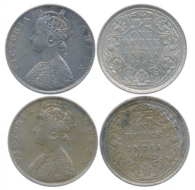 Victoria Queen, Silver Rupees (2), 1862, without dot, Bombay Mint, Obv: 5 Penal in dress &